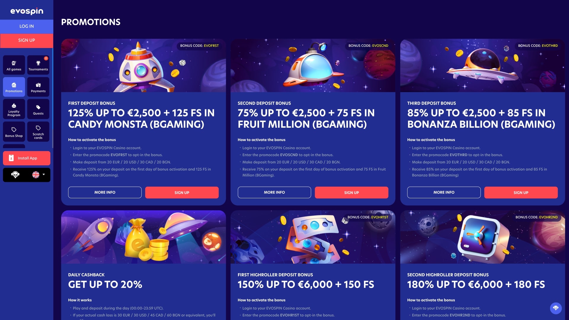 EvoSpin Casino Promociones Escritorio