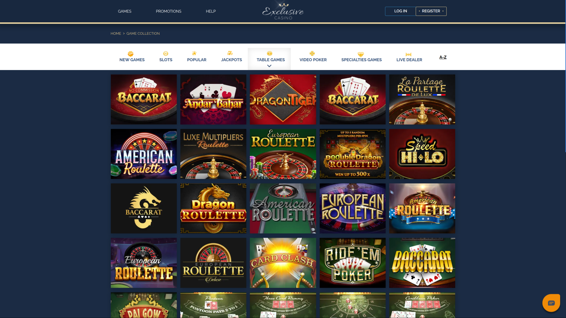 Jeux de table de Exclusive Casino sur ordinateur