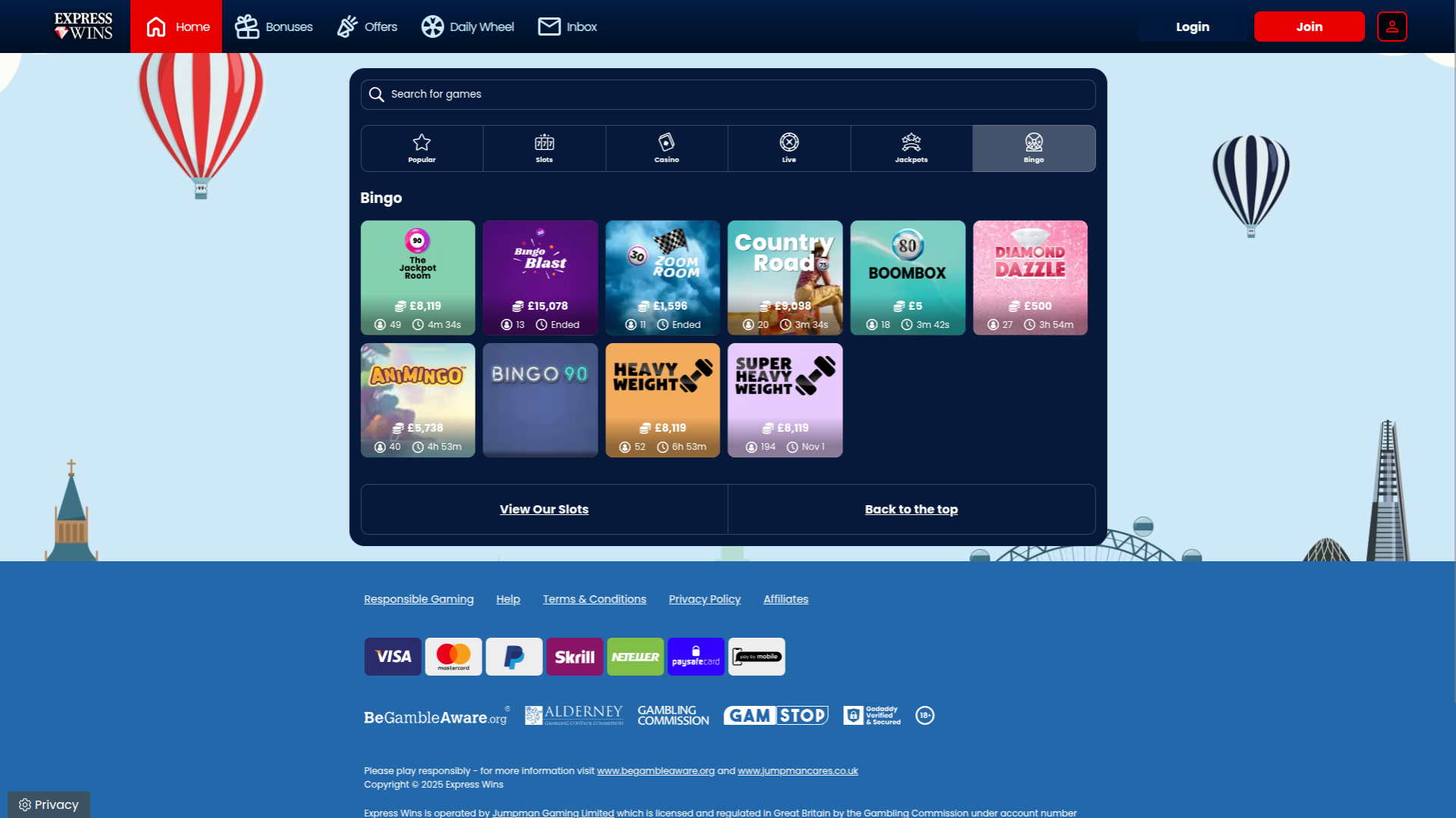 Bingo di Express Wins per desktop