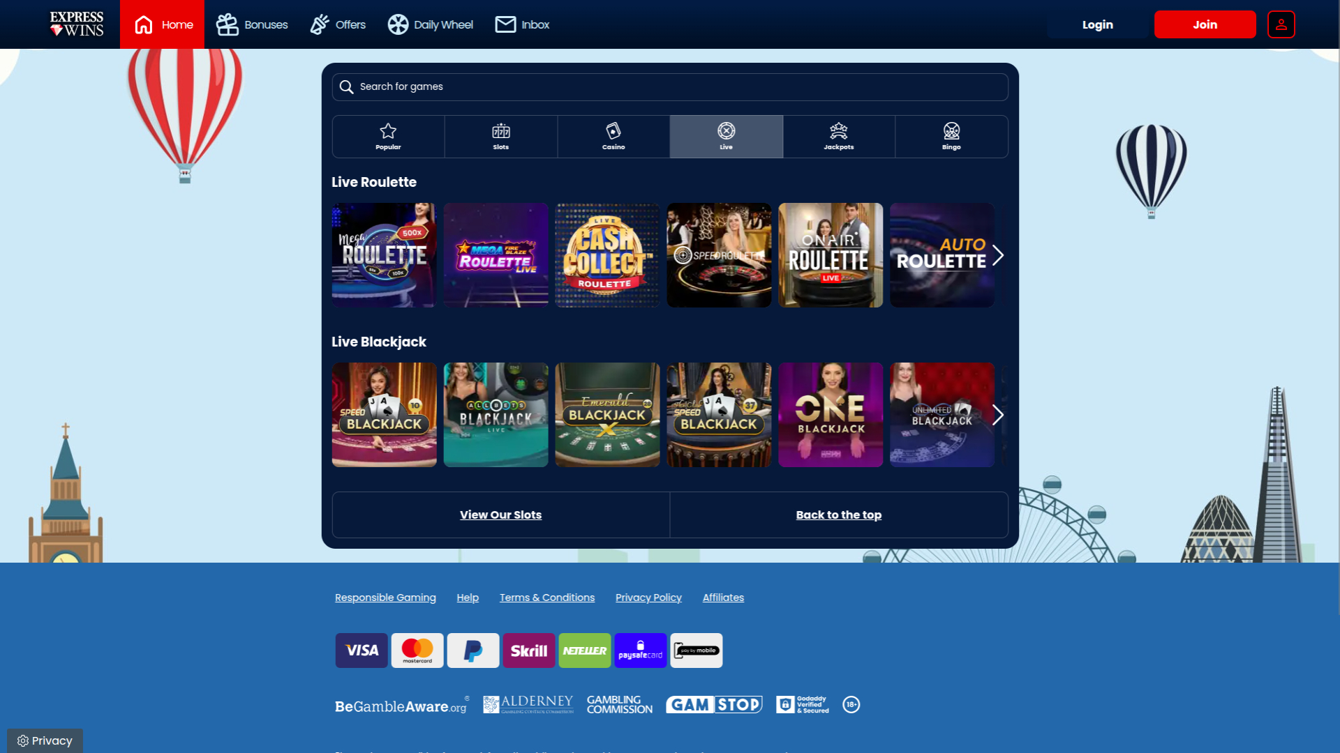 Casinò con croupier dal vivo di Express Wins per desktop