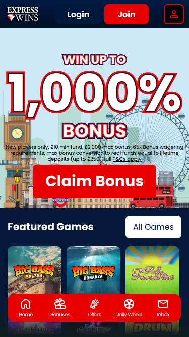 Pagina iniziale mobile di Express Wins