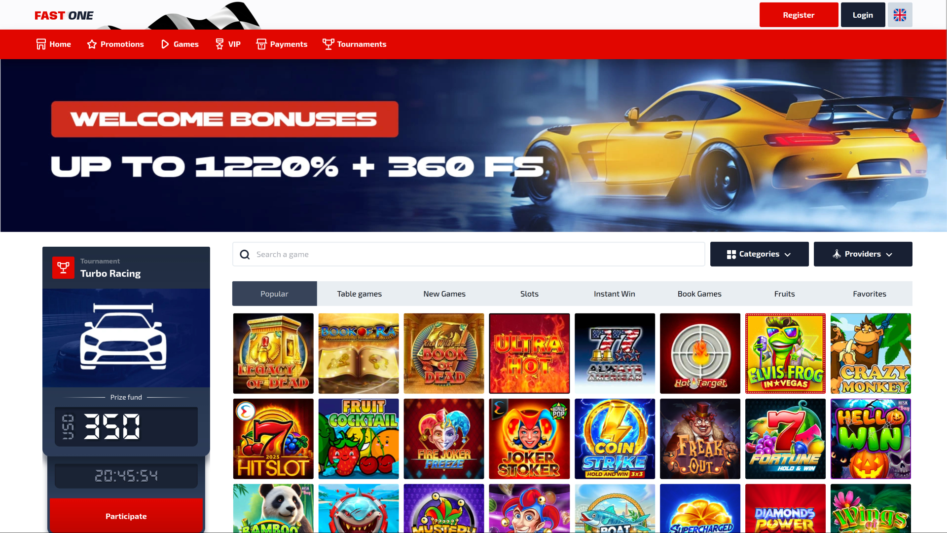 Page d’accueil de F1 Casino pour ordinateur de bureau