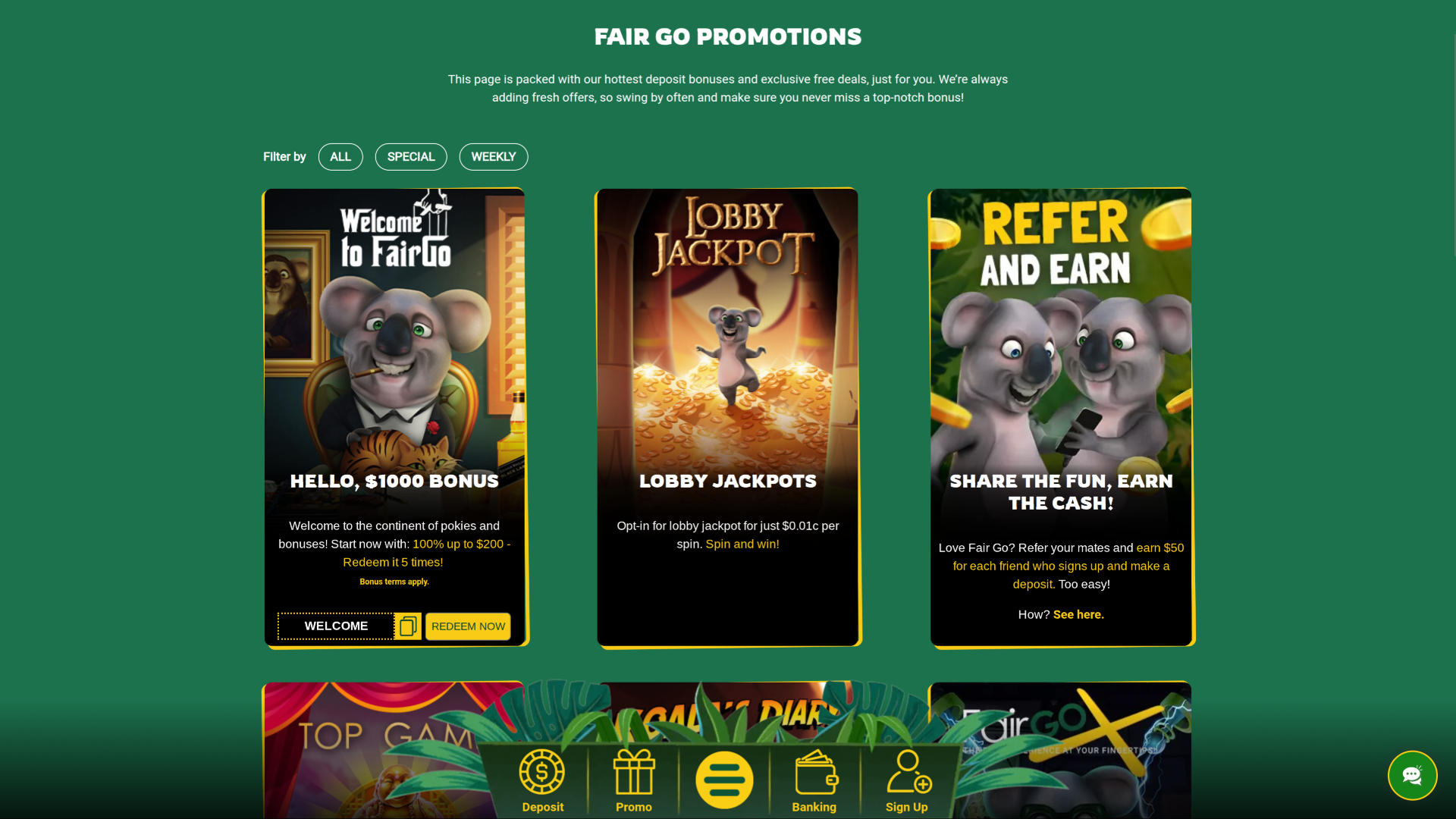 Promotions du Fair Go Casino sur ordinateur