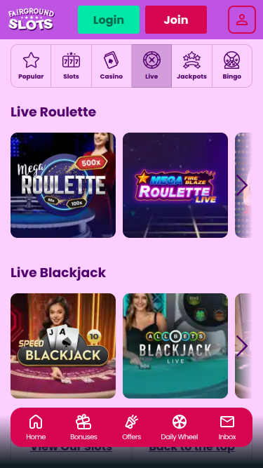 Croupier en direct mobile de Fairground Slots Casino