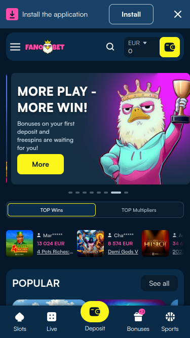 Página principal del casino FanoBet (móvil)