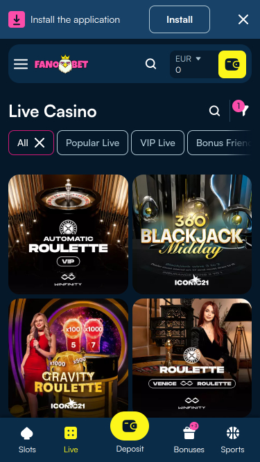 Casino FanoBet con crupier en vivo (móvil)