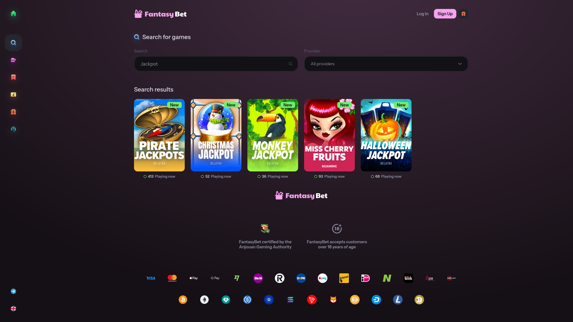Джекпот казино FantasyBet для настольных компьютеров