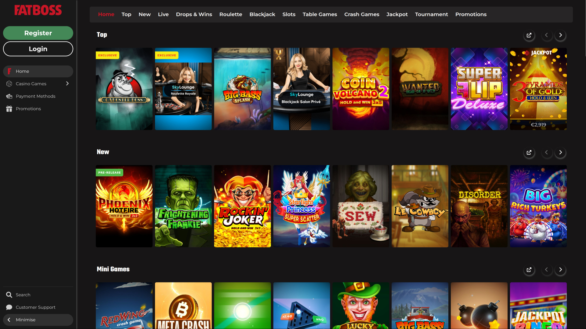 Página principal de FatBoss Casino para escritorio