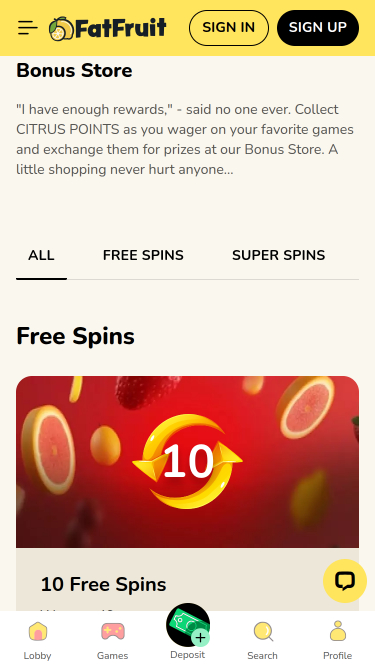 FatFruit Casino Mobile Bonus Store