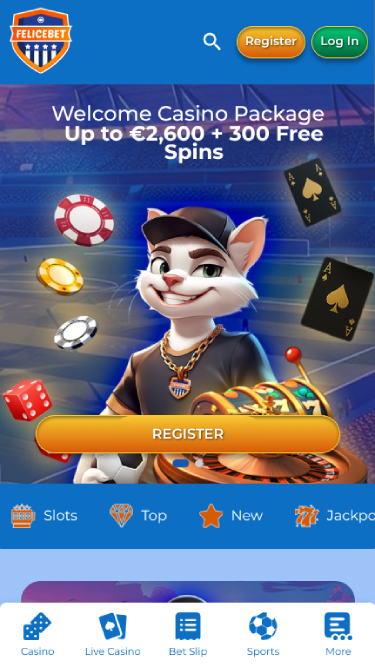 Captura de pantalla de la página de inicio de Felicebet Casino para dispositivos móviles