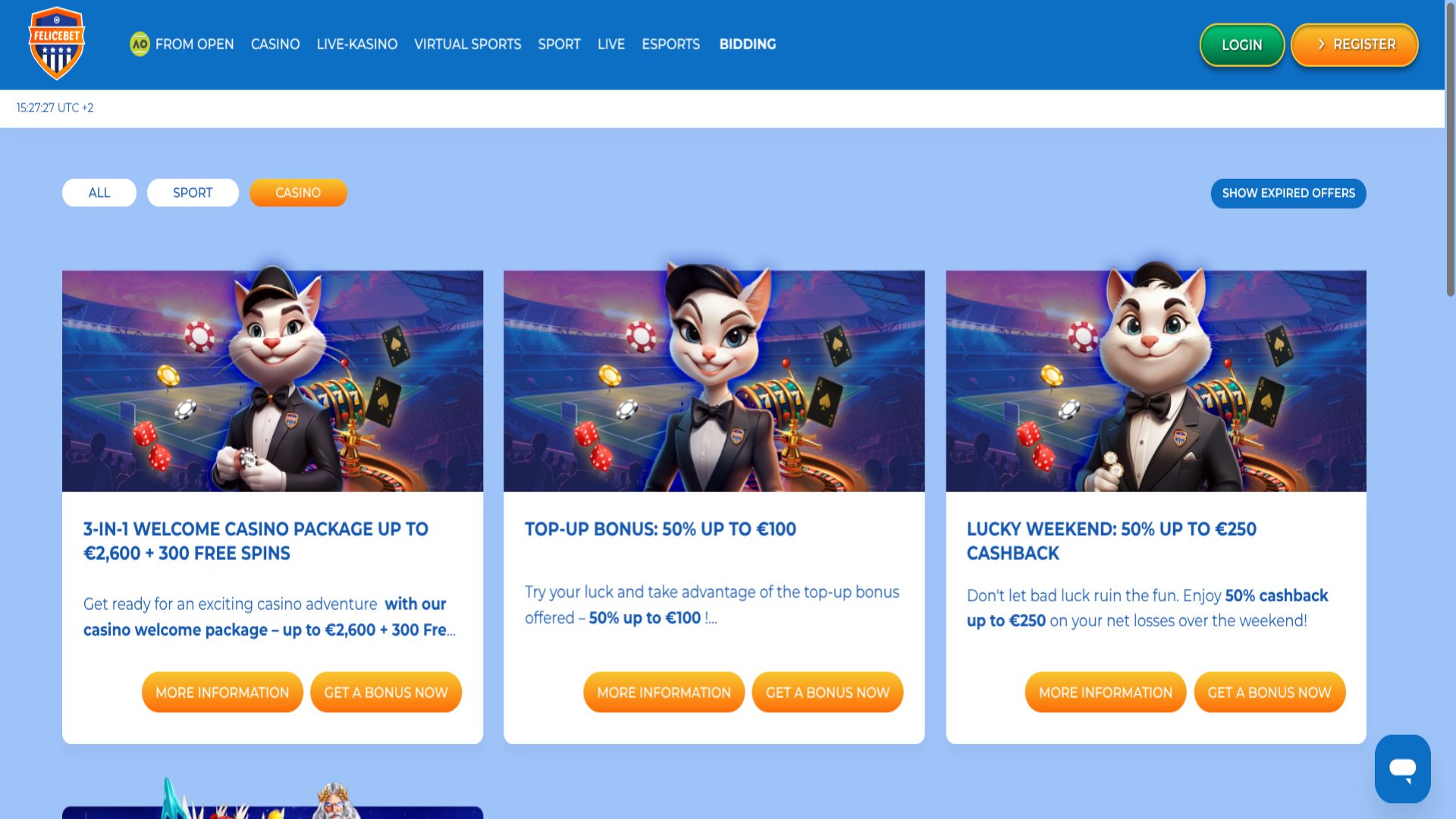 Captura de pantalla de promociones de Felicebet Casino para escritorio