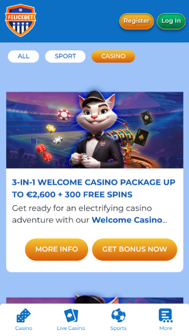 Captura de pantalla de promociones de Felicebet Casino para dispositivos móviles