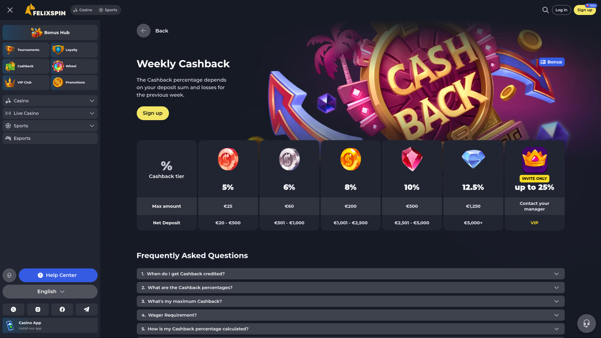 Cashback de Felixspin Casino pour ordinateur de bureau