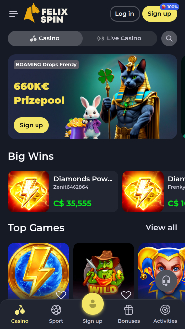 Page d’accueil mobile de Felixspin Casino
