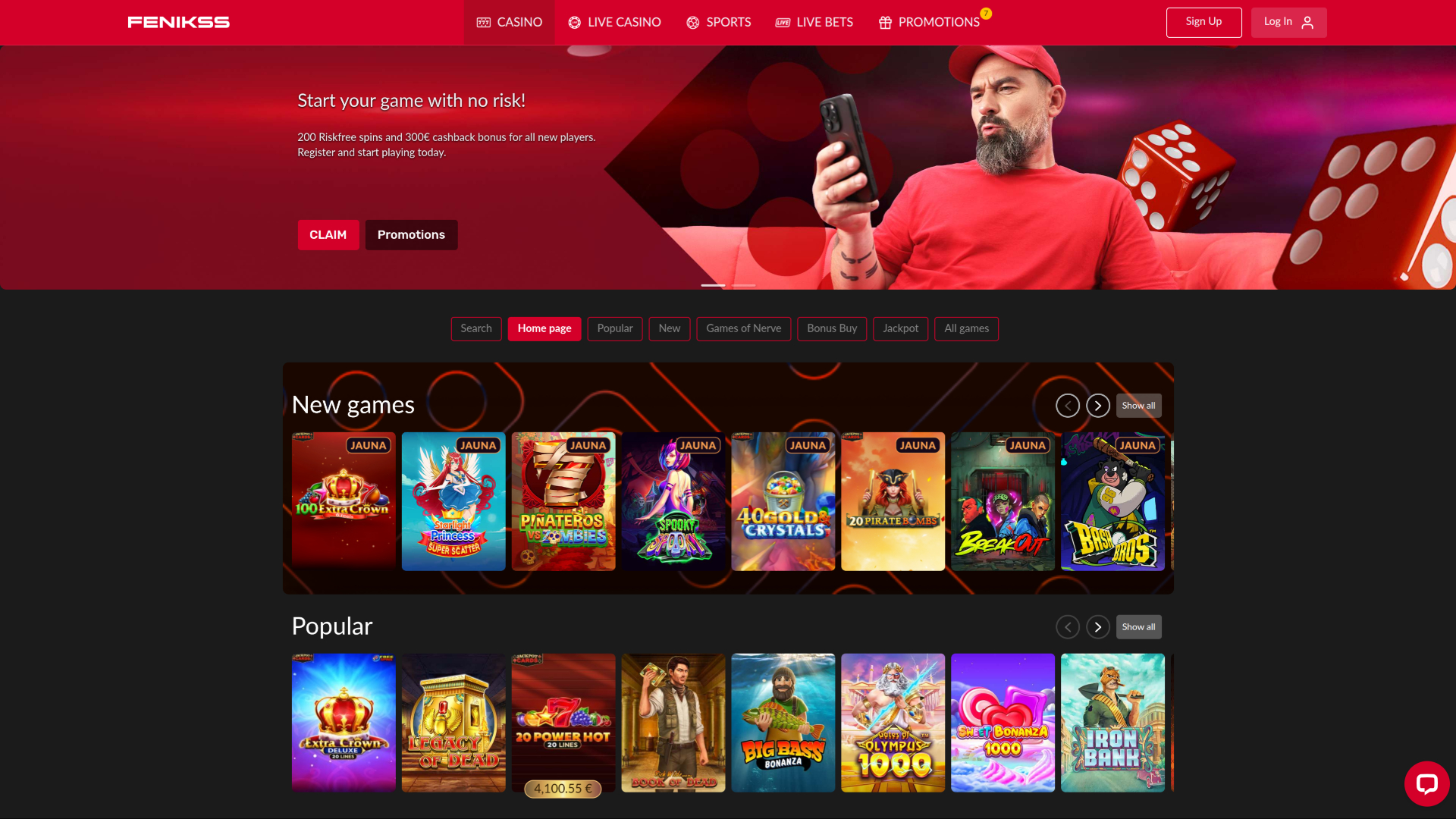 Pagina principale di Fenikss Casino per desktop