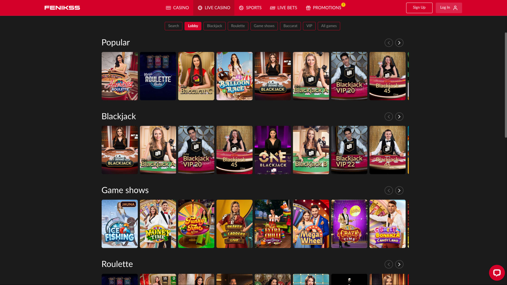 Live dealer di Fenikss Casino per desktop