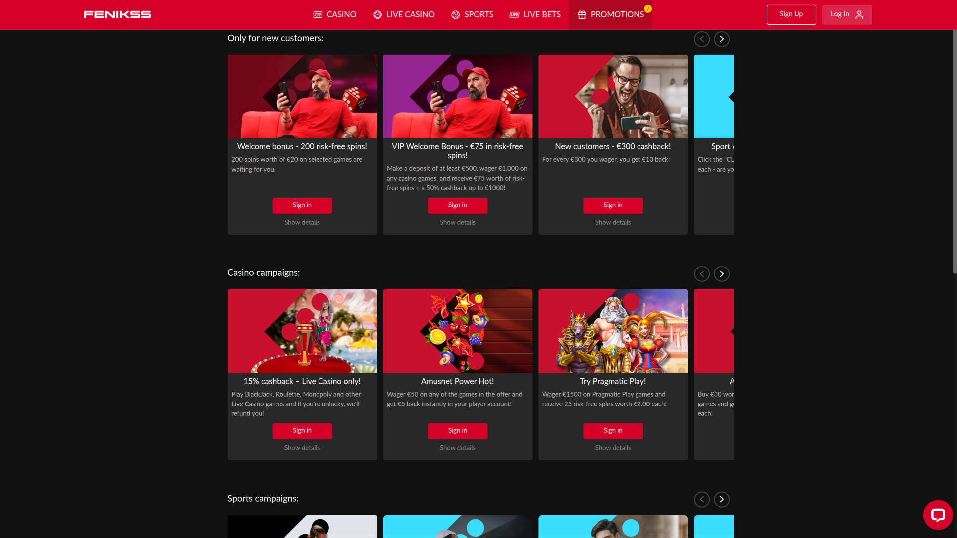 Promozioni di Fenikss Casino per desktop