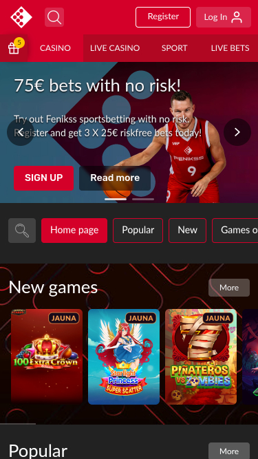 Pagina principale mobile di Fenikss Casino
