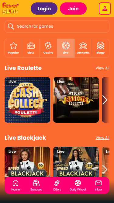 Croupiers en direct mobiles de Fever Slots Casino