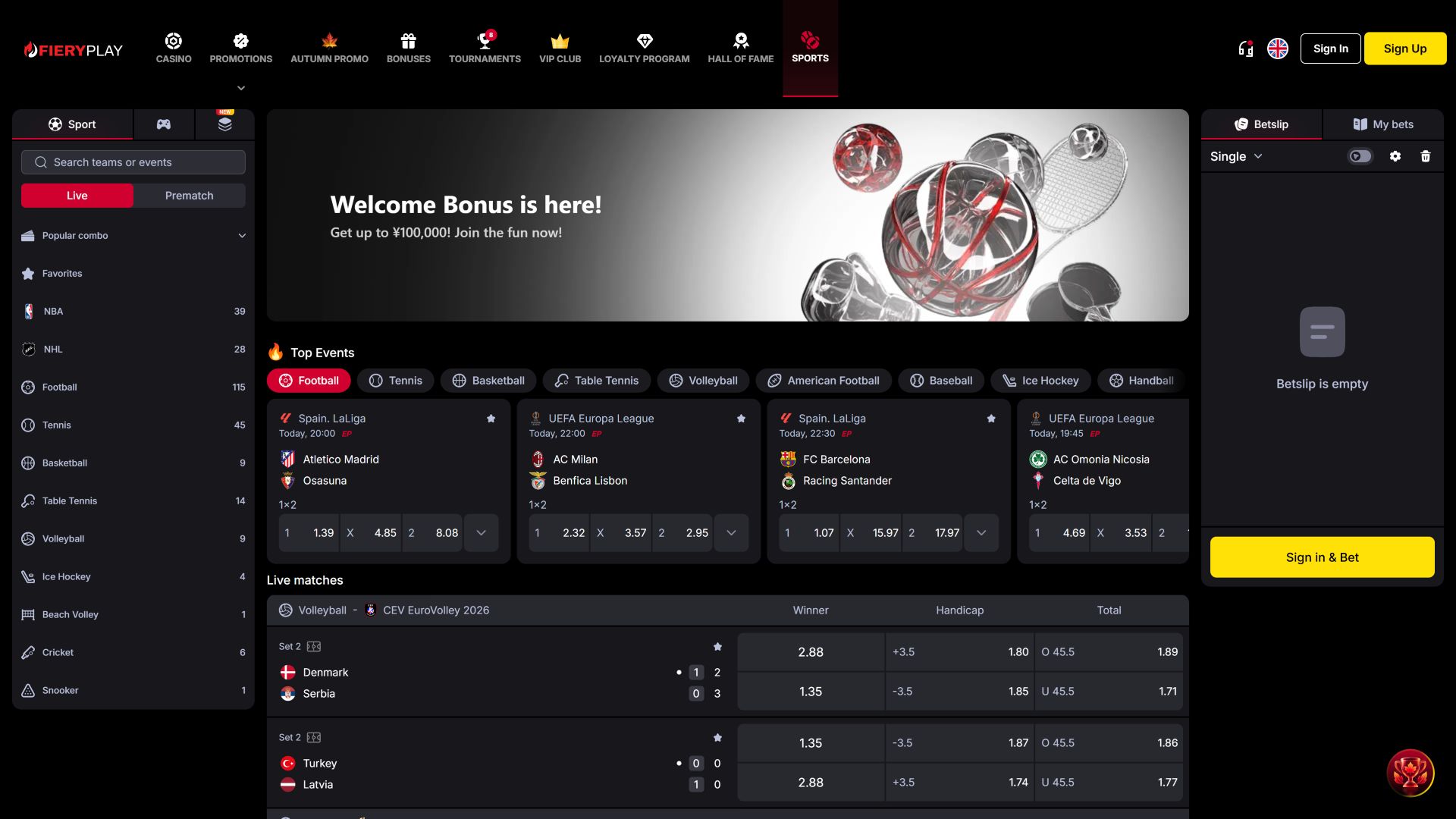 FieryPlay Casino Desktop Sports