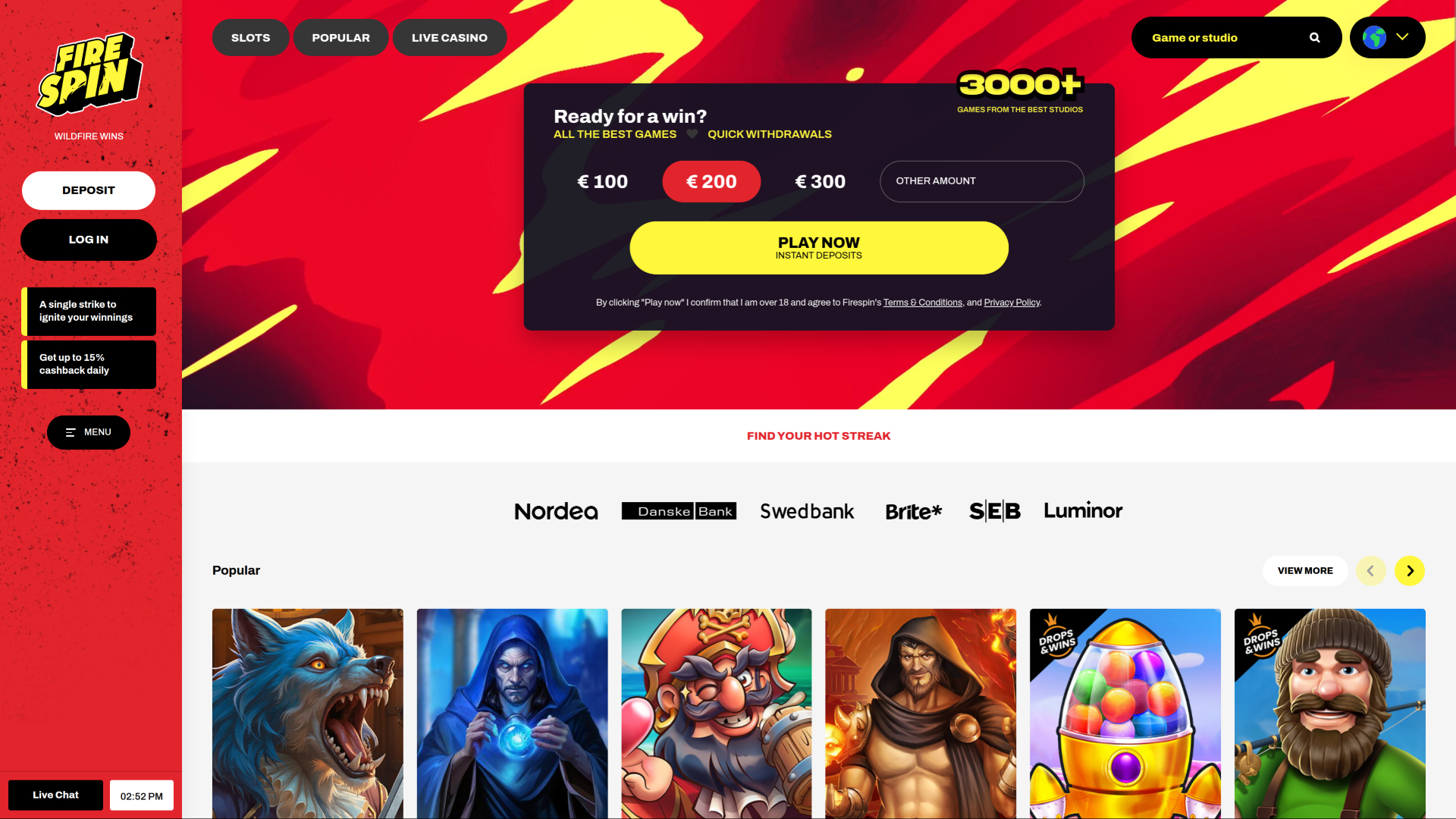 Firespin Casino Page d’accueil sur ordinateur