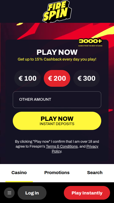 Firespin Casino Page d’accueil mobile
