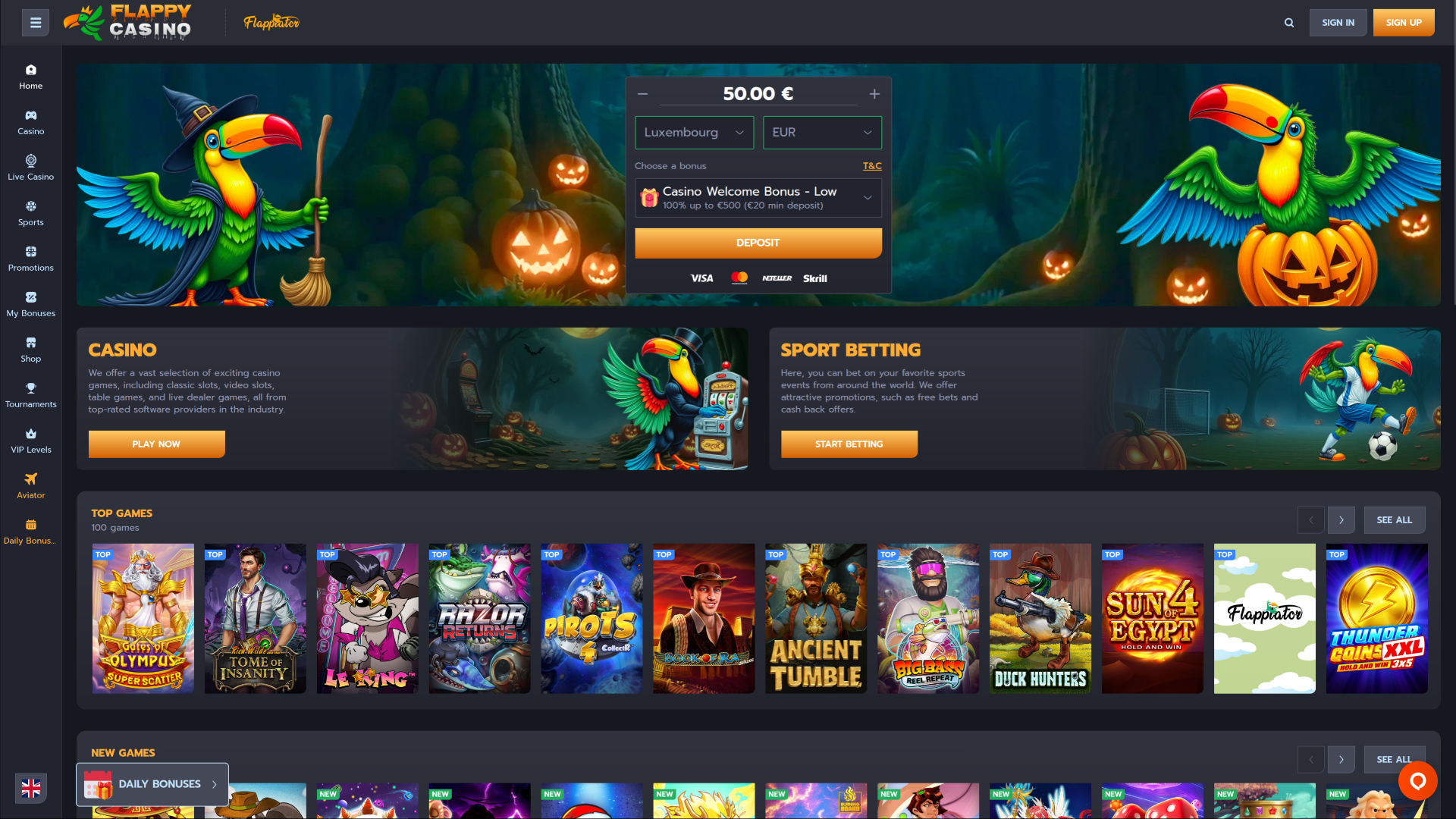 Flappy Casino Page d’accueil version bureau