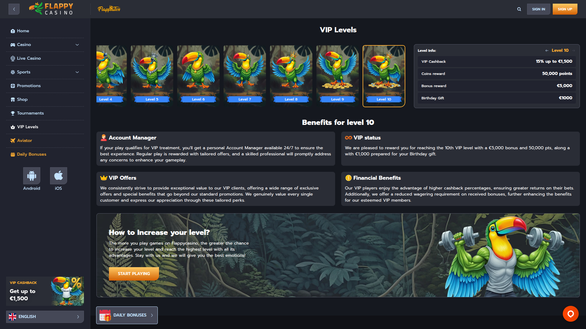 Programme VIP de bureau Flappy Casino