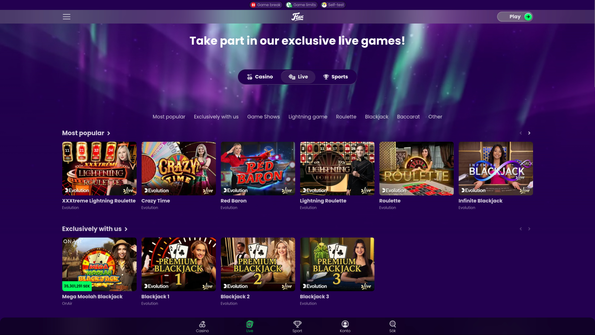 Casino Flax pour ordinateur avec croupier en direct