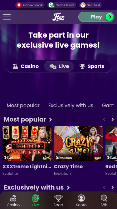 Casino mobile Flax avec croupier en direct
