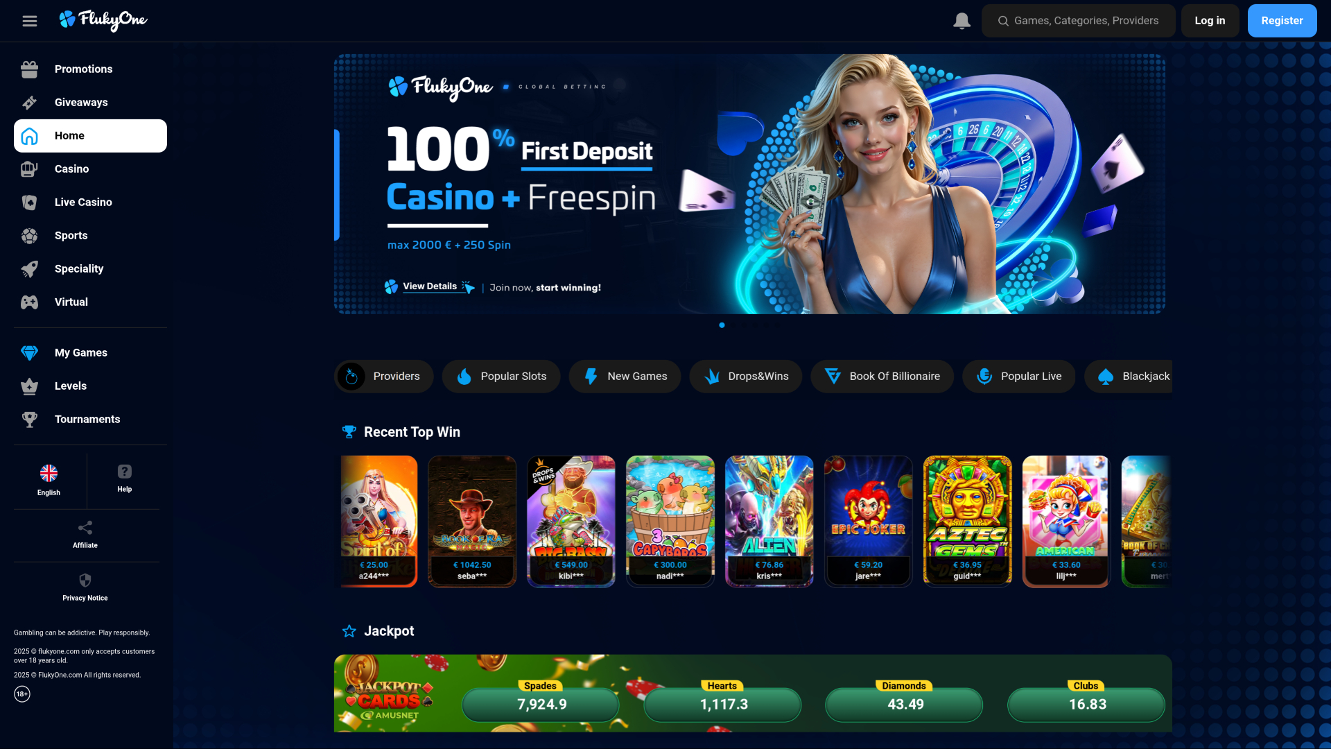 Page d’accueil de FlukyOne sur ordinateur