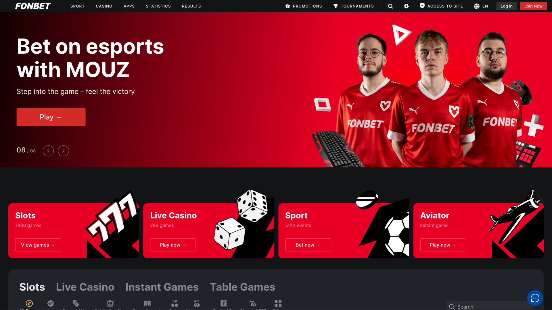 Pagina iniziale di Fonbet Casino Desktop