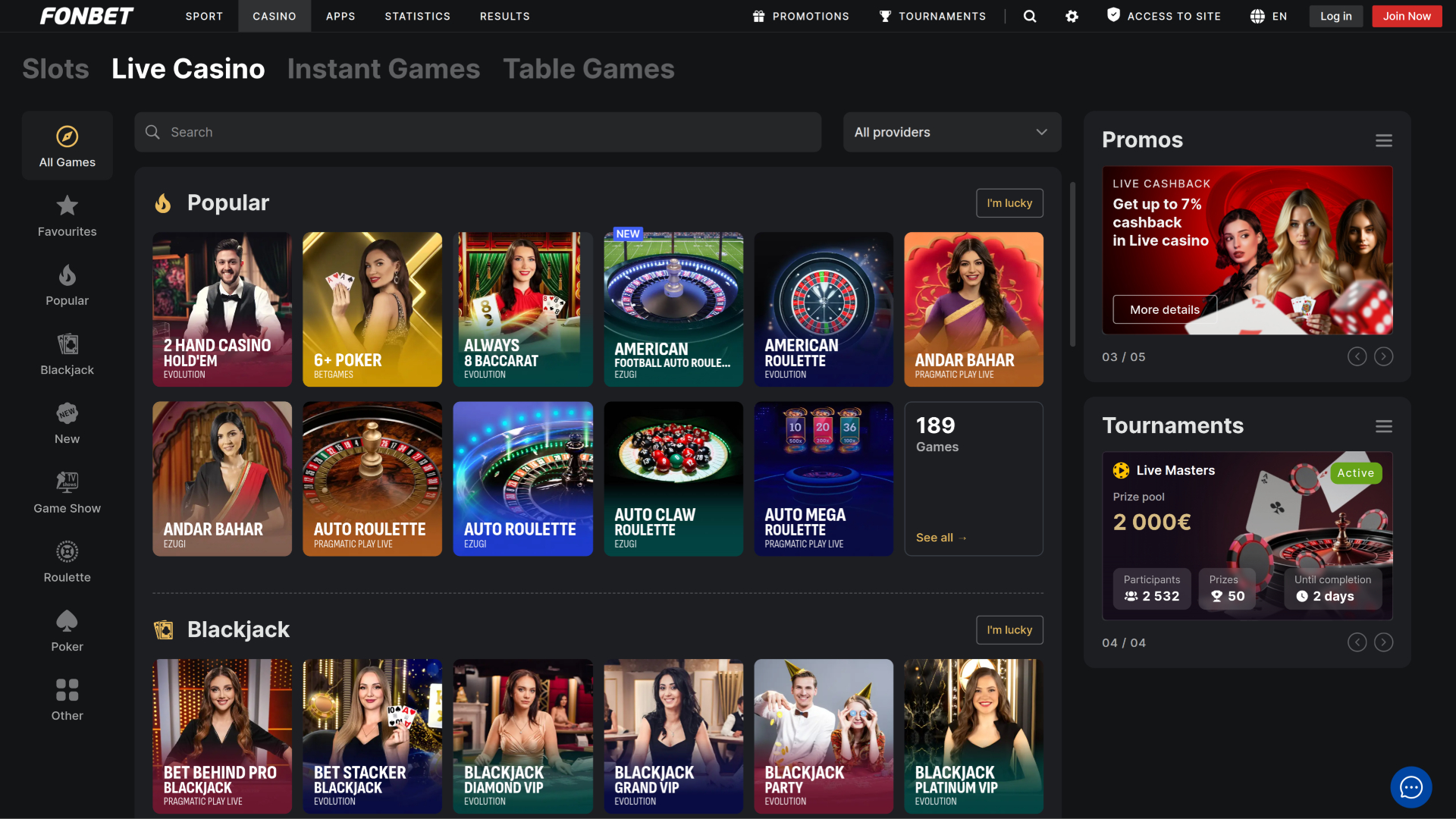Live dealer di Fonbet Casino Desktop