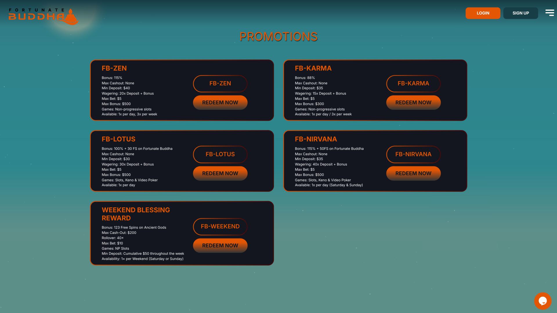 Página de promociones del casino Fortunate Buddha