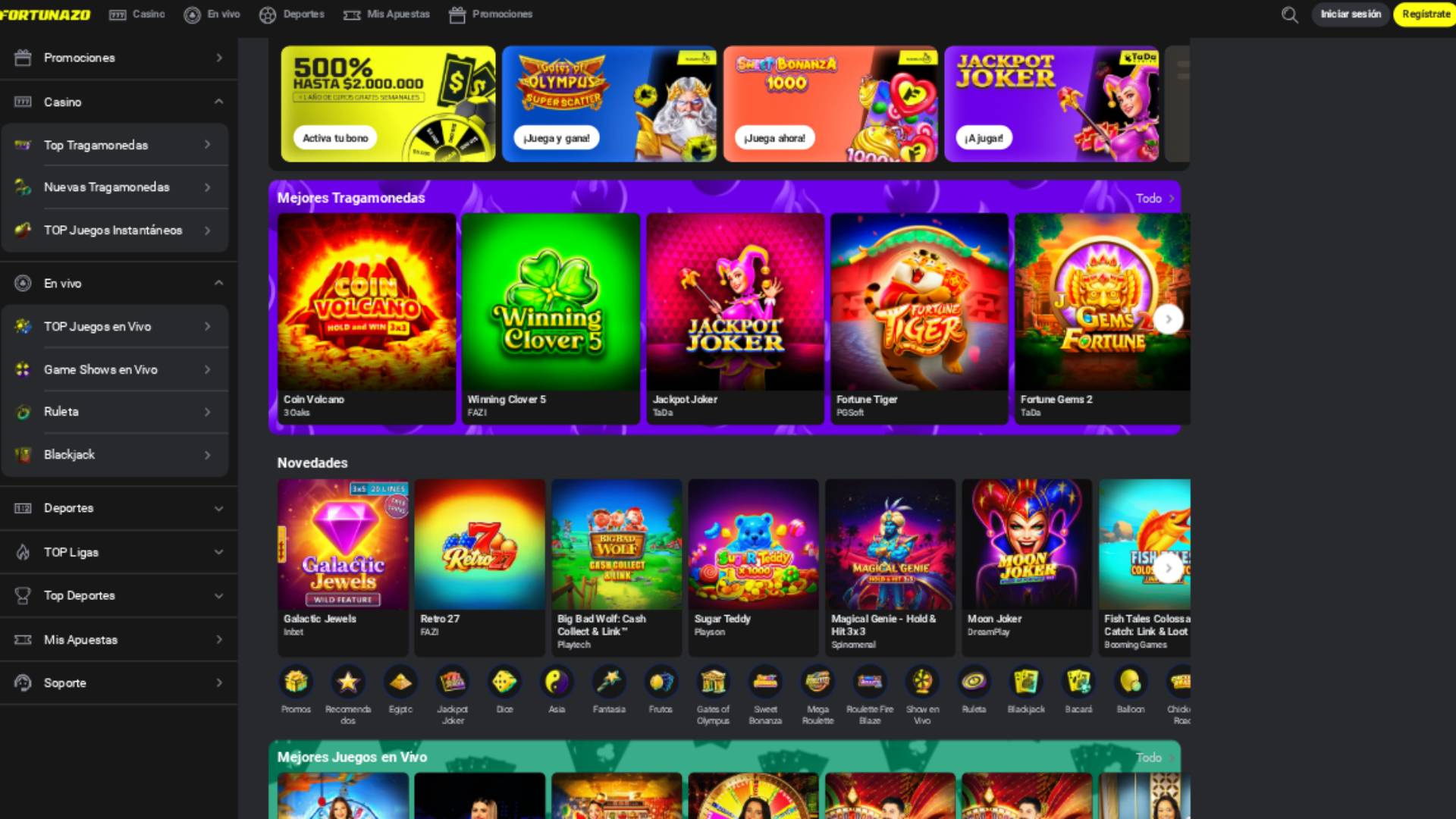 Capture d'écran de la page de jeux du casino Fortunazo