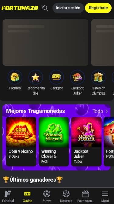 Capture d'écran mobile de la page d'accueil du casino Fortunazo