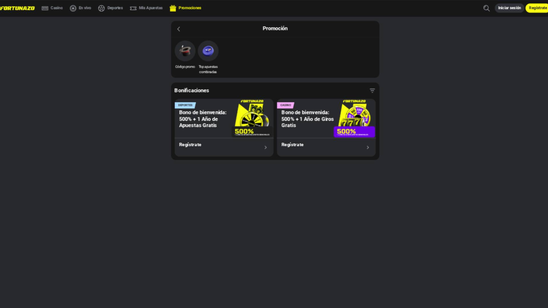 Capture d'écran de la page des promotions du casino Fortunazo