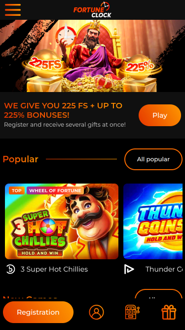 Page d’accueil de Fortune Clock Casino Mobile