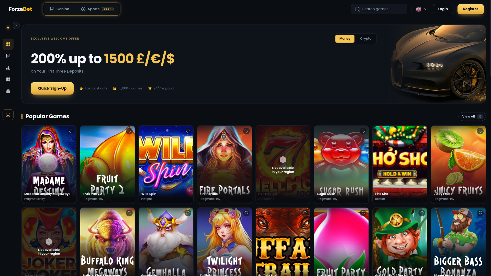 Главная страница казино ForzaBet