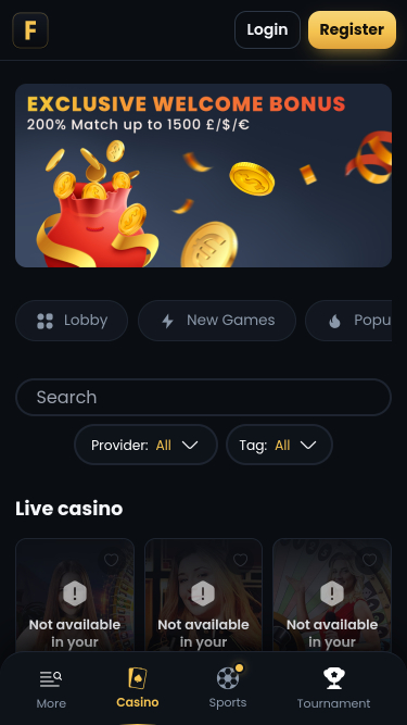 Мобильная страница казино ForzaBet с живыми дилерами