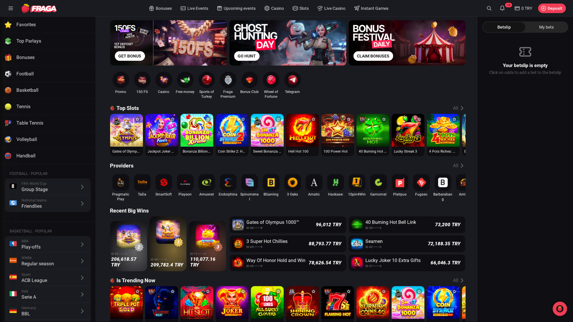 Page d'accueil du casino Fragabet pour ordinateur