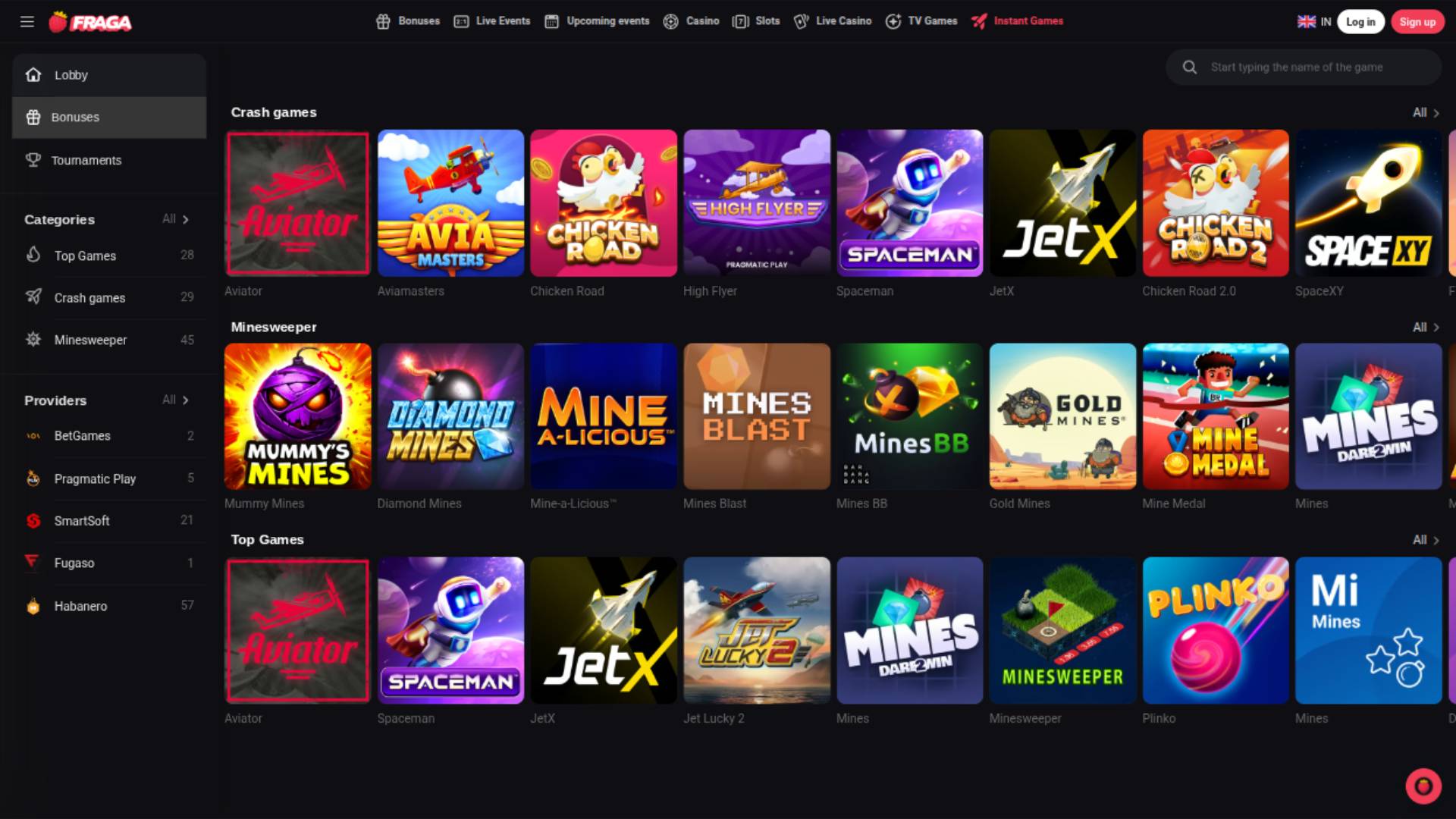 Pagina dei giochi screenshot di Fragabet Casino