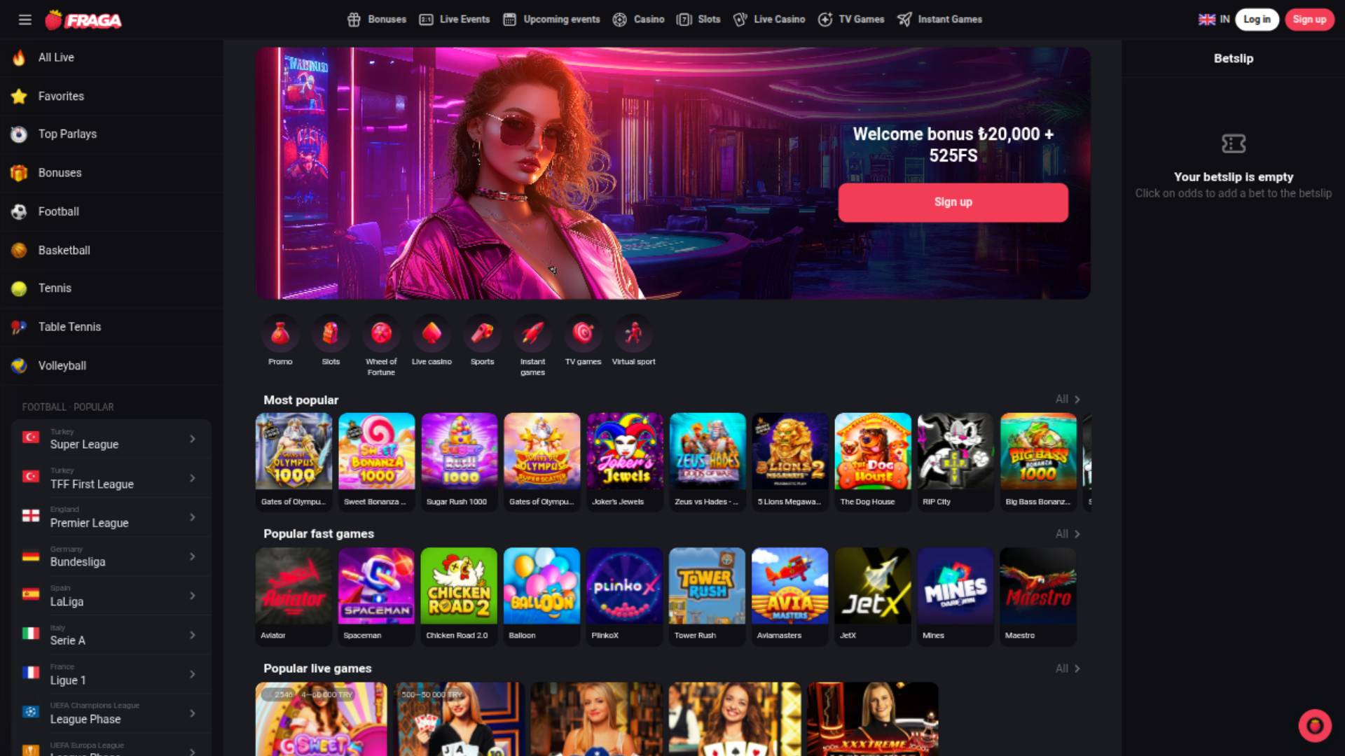 Screenshot della homepage di Fragabet Casino