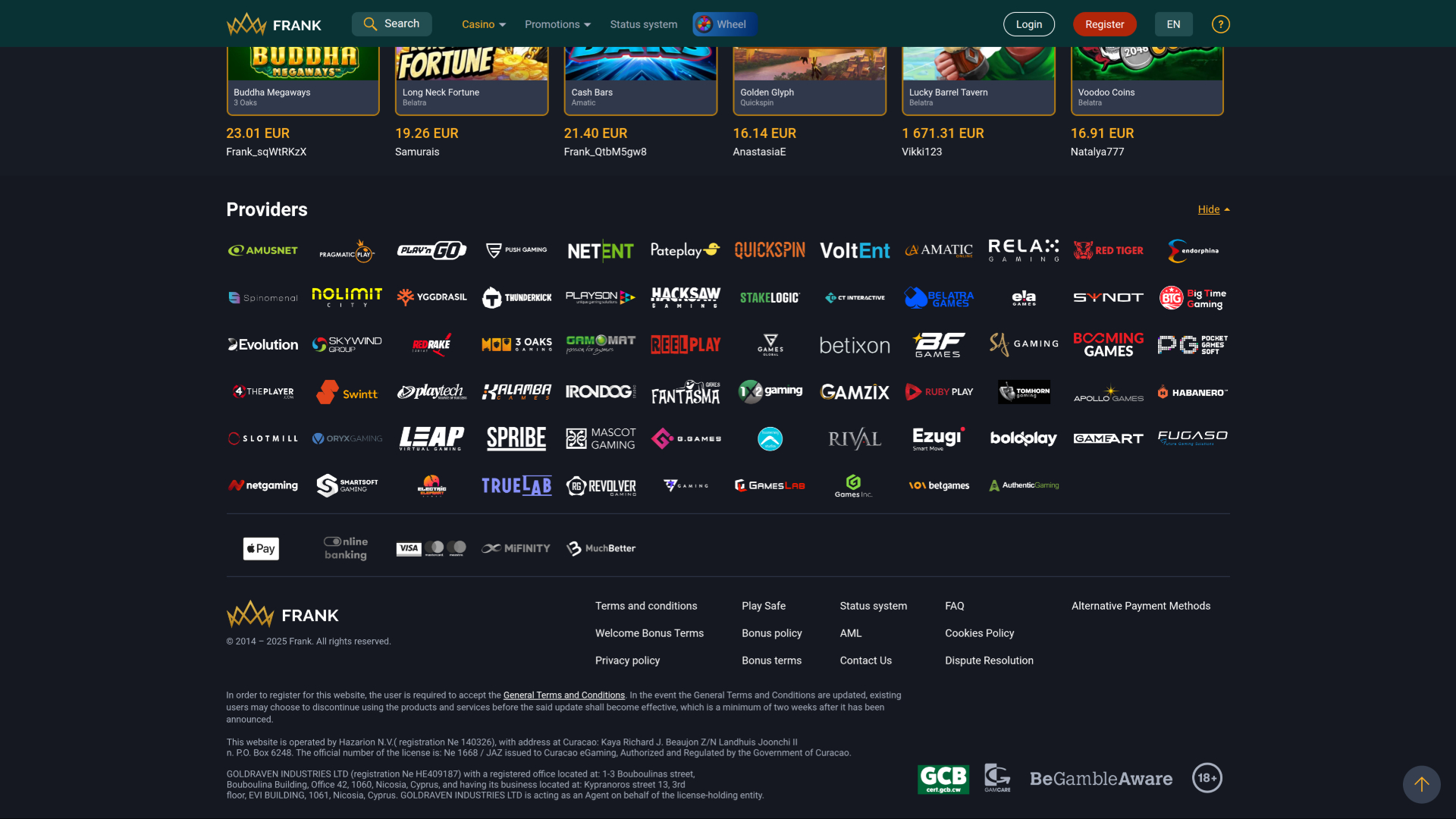 Développeurs du jeu de casino Frank pour ordinateur