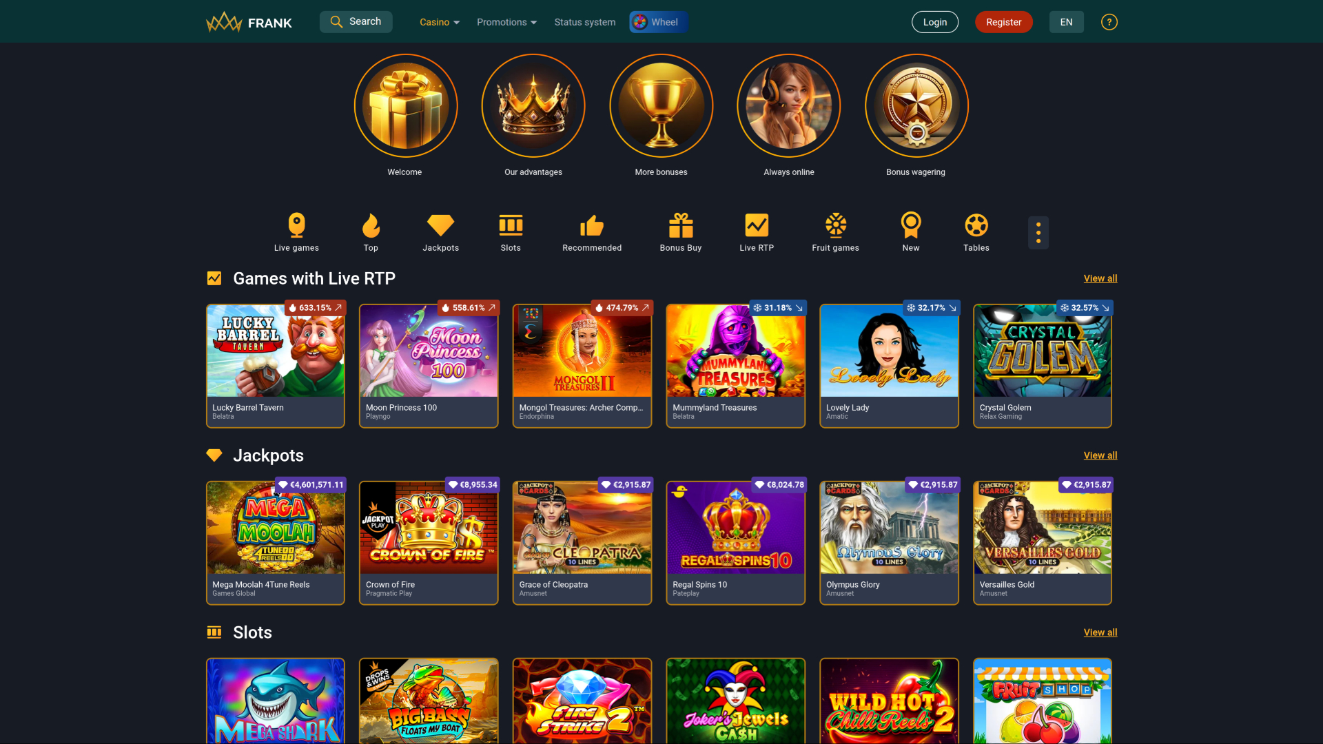 Page d'accueil de Frank Casino pour ordinateur