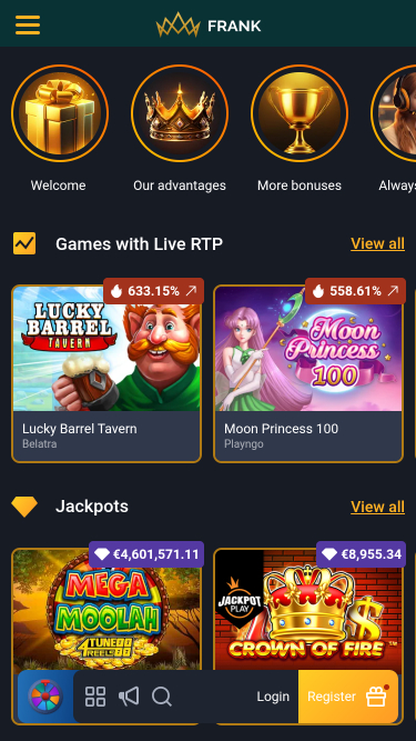 Page d'accueil mobile de Frank Casino