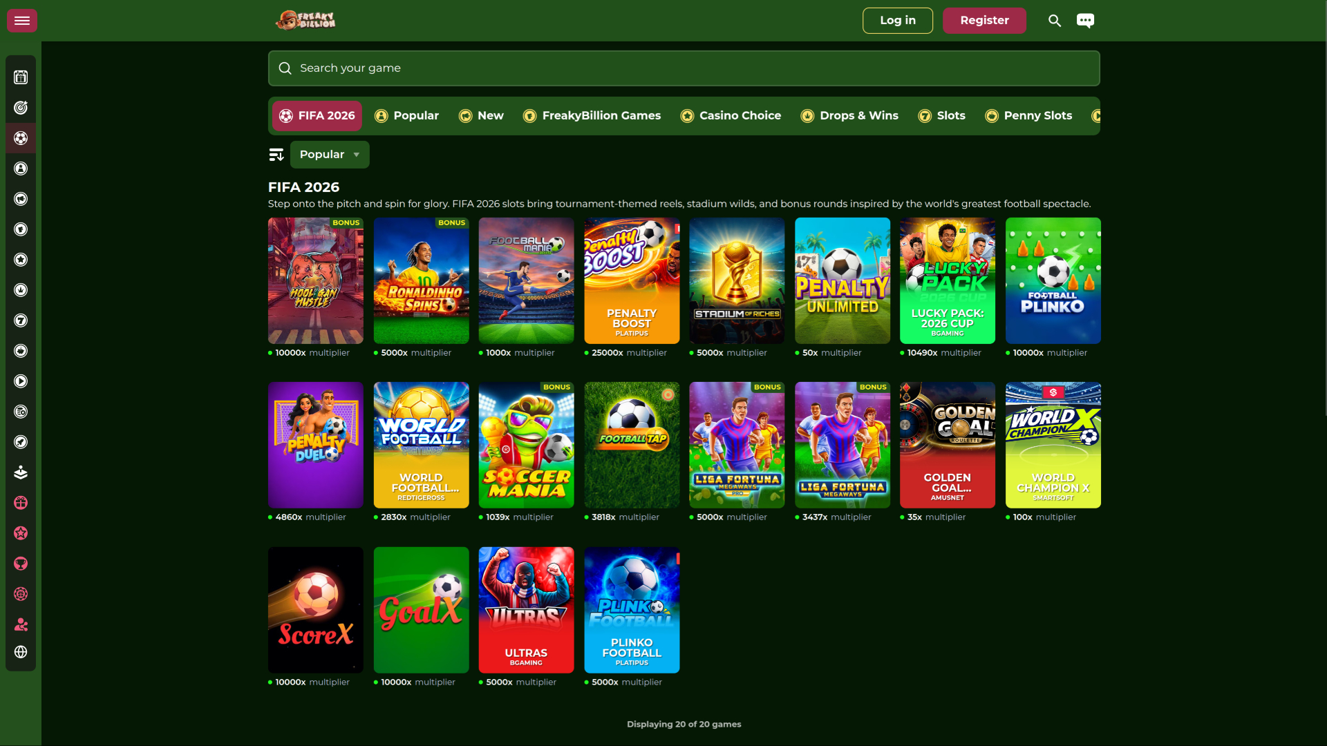 Jeux de football du casino FreakyBillion sur ordinateur