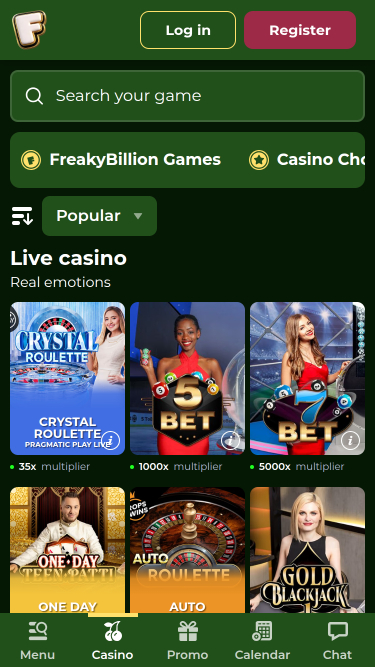 FreakyBillion Casino avec croupier en direct sur mobile