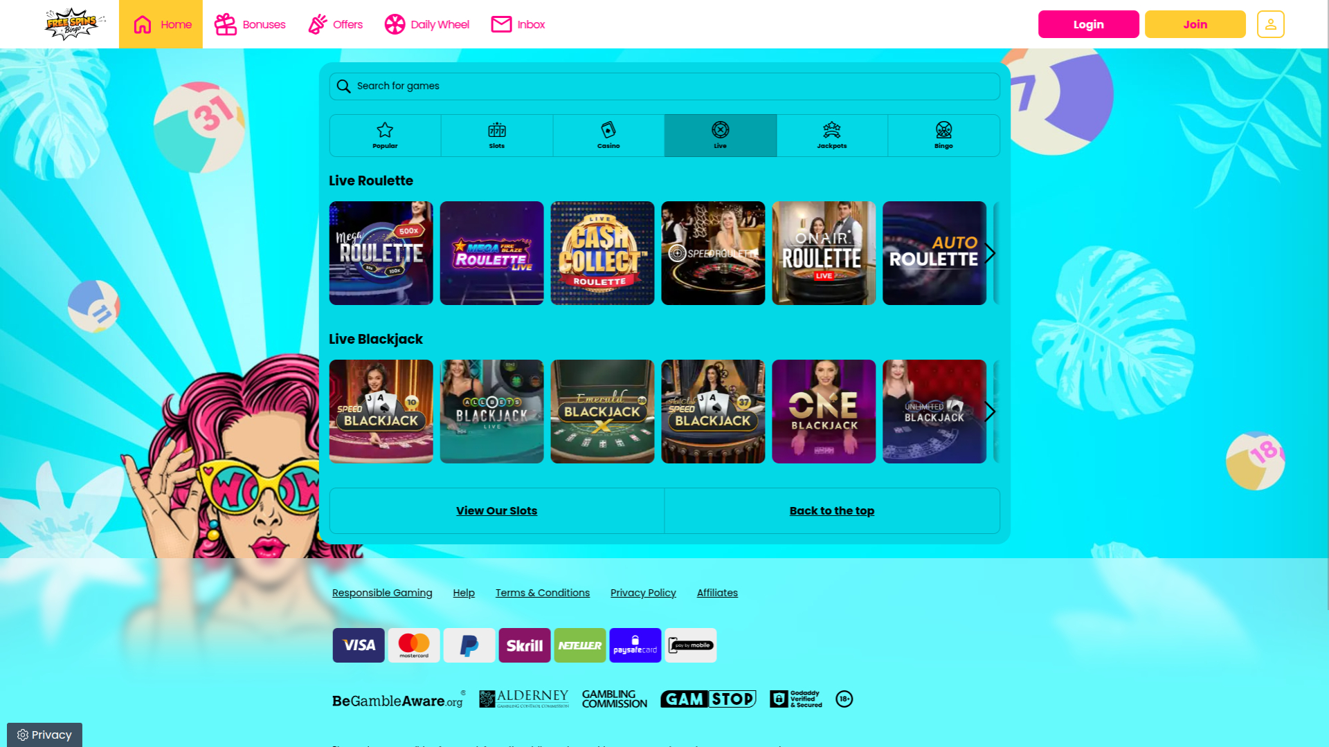 Bingo de escritorio con giros gratis y crupier en vivo