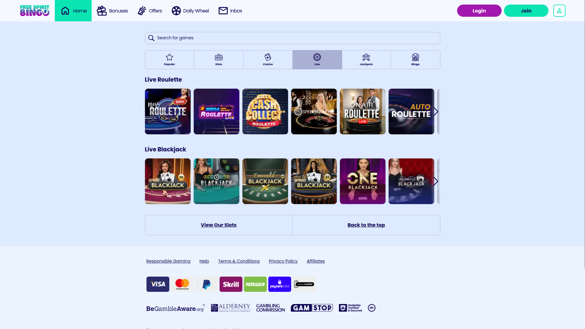 Free Spirit Bingo sur ordinateur avec croupier en direct